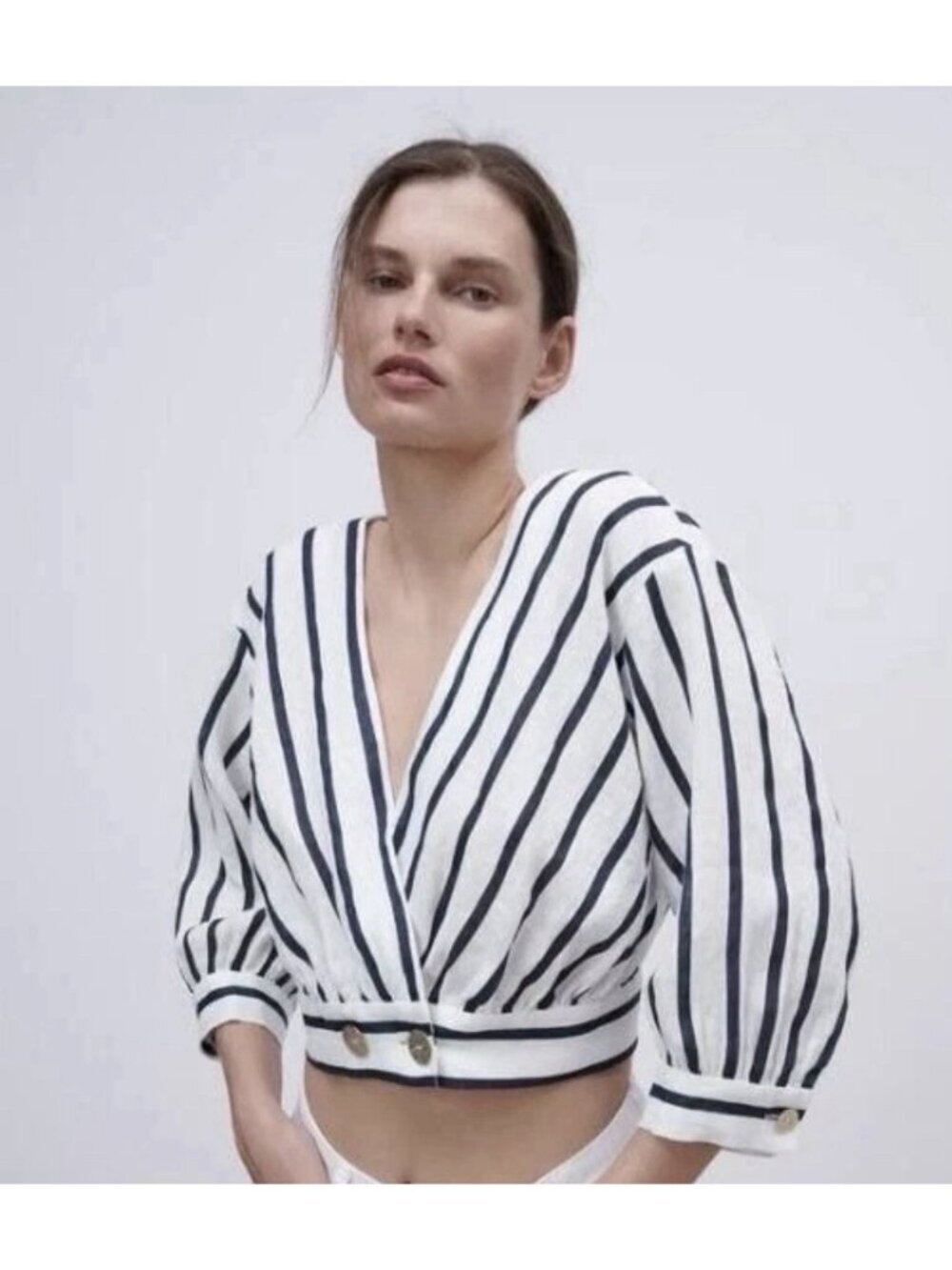 Zara 100% Linen White Blue Stripe Crop Wrap Top Metal Buttons Casual Beachy Sz M